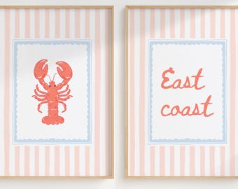 Blush Preppy Wall Art Set of 2 Printable, East Coast Wall Art Set, Coastal Wall Art, Beach House Wall Art, Nautical Prints