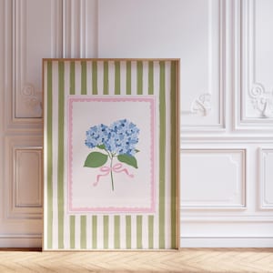 Hydrangea Print – Grandmillennial Floral Wall Art, Green Striped Botanical Poster, Coquette Cottagecore Decor for Dorm or Home