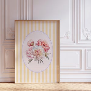 Yellow Striped Cottagecore Floral Wall Art – Pastel Peony Botanical Print, Shabby Chic Digital Download