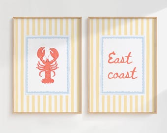 Preppy Lobster Wall Art Set of 2 Printable, East Coast Wall Art Set, Coastal Wall Art, Beach House Wall Art, Nautical Prints