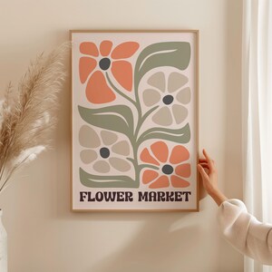 Impresión de un mercado de flores naranja y beige: arte floral retro para pared, póster botánico en tonos neutros cálidos, decoración moderna de los años 70, descarga imprimible