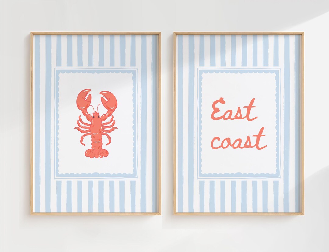 Coastal Lobster Wall Art Set of 2 - East Coast Print, Blue Stripe ...
