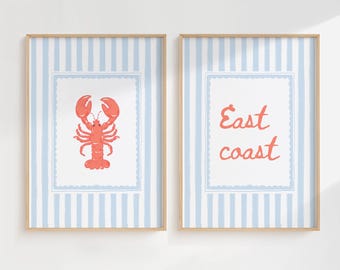 Blue Preppy Wall Art Set of 2 Printable, East Coast Wall Art Set, Coastal Wall Art, Beach House Wall Art, Nautical Prints