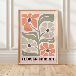 Orange & Beige Flower Market Print - Retro Floral Wall Art, Warm Neutral Botanical Poster, Groovy 70s Style Decor, Printable Download