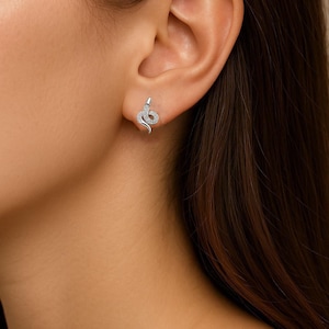 925 Sterling Silver Snake Stud Earrings – Pavé Cubic Zirconia Serpent Earrings for Women – Minimalist Animal Jewelry Gift, Hypoallergenic, E