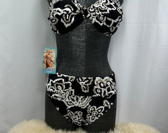 Bikini vintage Beachcomber des années 1980, neuf inutilisé avec étiquette, sans bretelles, échancré, ceinture large, noir avec fleurs blanches et dorées