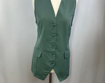 Vintage Unworn Tag Ladies Long Waistcoat by Etam from 1980’s Size 12- Light weight, Cotton Front and Nylon Back - belted back - Sage Green