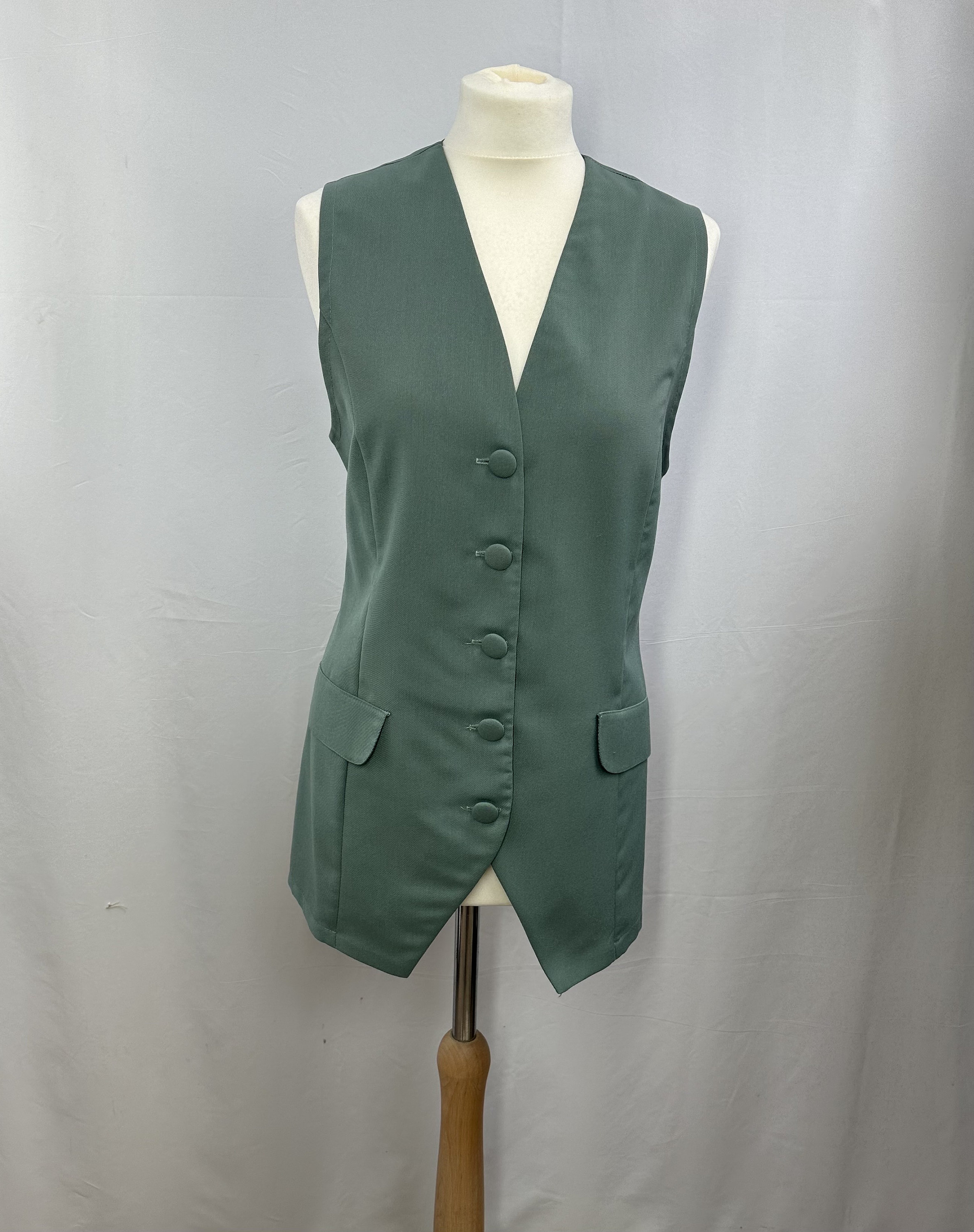 Vintage Unworn Tag Ladies Long Waistcoat by Etam from 1980’s Size 12- Light weight, Cotton Front and Nylon Back - belted back - Sage Green