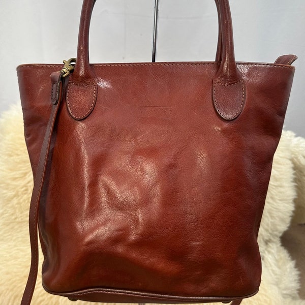 Vintage Bucket Style Leather Ladies Handbag by Texier. Deep Conker Brown, Top Handles and Long Removable Shoulder Strap Metal Studs Pockets