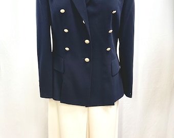 Magnifique blazer/veste vintage pour femme, Betty Barclay, taille 16, bleu marine, bouton doré, style militaire, années 1980, élégant, sophistiqué