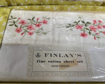 True Vintage Sheet Set with Matching Pillow Cases in Original Gift Box by Finlay’s Hand Printed Hems 80” x 100”