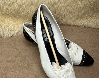 Vintage Ladies Shoes, Flats by Nickels, Two Tone, White and Black, UK Size 5.5 All Leather with Original Box