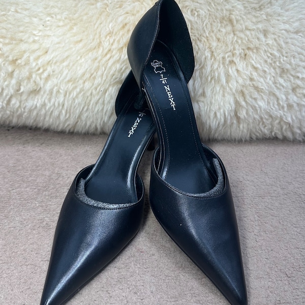 Vintage D’Orsay Black Slim Heel Shoes by Next, Very Pointed Toe, Open Sides, UK Size 7. Unworn, As New. In original Box