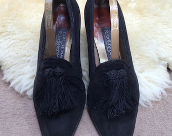 Vintage Shoes by Stuart Weitzman for Russell & Bromley 1990's black Suede leather with Tassels