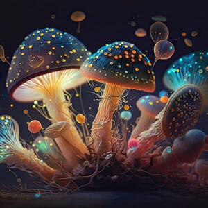 Mushroom landscape AI digital art ready to print in beautiful high quality, large form factor digital download 9216x6144