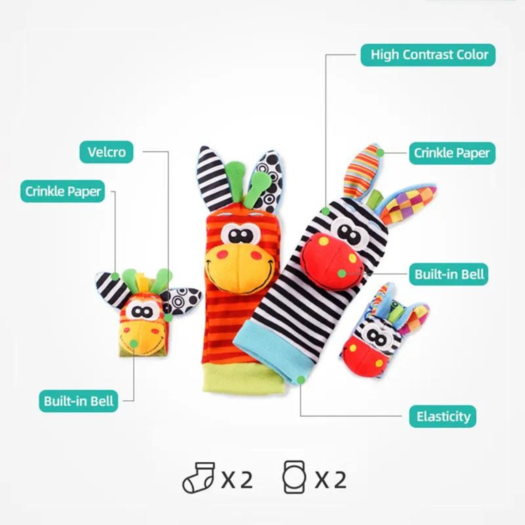 Baby Foot Finder and Wrist Rattles 4pc Set Baby Gifts Baby Sensory