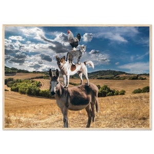 Bizarre print of a pile of animals in a field. Premium Matte Paper Wooden Framed Poster.  Great gift for friends or family. Free shipping.
