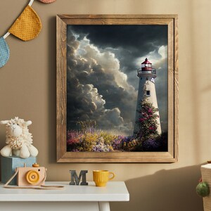 Lighthouse scene with stormy skies. Fine Art Matte Paper Wooden Frame.  Free shipping worldwide.