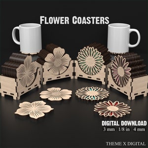 4 Blumen-Untersetzer-Svg Laserschnitt-Dateien mit Aufbewahrungsbox - 3D Blumen Untersetzer-Set Vektor-Dateien für Laserschnitt Lightburn, XTool #113