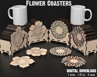 4 Flower Coaster Svg Laser Cutting Files with Storage Box - 3D Flower Drink Coaster Set Vector Files For Laser Cutting Lightburn, XTool #113