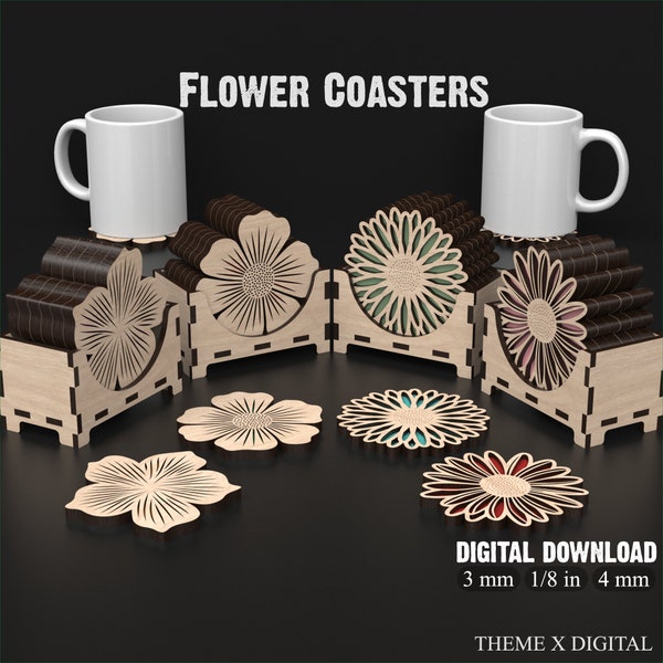 4 Flower Coaster Svg lasersnijden bestanden met opbergdoos - 3D Flower Drink Coaster Set vectorbestanden voor lasersnijden Lightburn, XTool #113