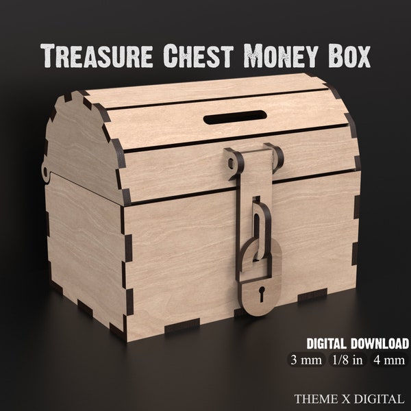 Pirata tesoro cofre caja de dinero SVG archivos de corte láser - niños alcancía caja de madera caja de dinero titular perfecto para monedas y joyas #0158