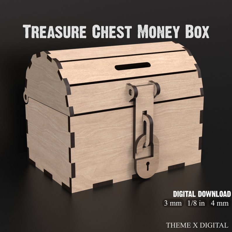 Kids Wooden Treasure Chest Money Box made from our svg laser cutting files digital download.