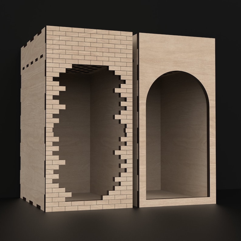 2 Wooden Book Stand Book Nook Kits with secret compartment made from our svg laser cutting files digital download.