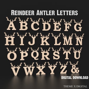 File Svg di taglio laser con lettere di corna di renna, lettere di renna dell'alfabeto dalla A alla Z, file di taglio laser personalizzati con lettere di Babbo Natale #048