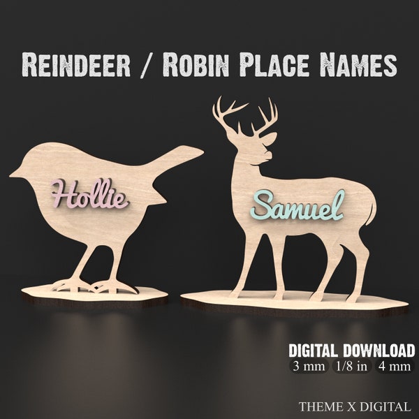 Christmas Reindeer Svg Laser Cut Files, Robin & Deer Svg Vector Files for Wood Laser Cutting, Table Place Names Christmas Ornaments #038