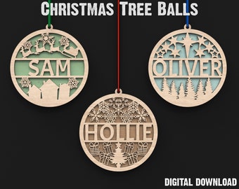 Lot de boules de Noël Svg découpées au laser - boules de Noël - décoration d'arbre de Noël avec nom fichiers Svg décoration d'arbre de Noël #075