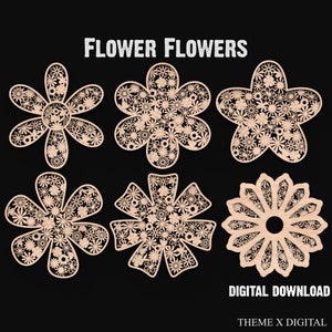 6 Dekorative Holzblumen SVG Laserschneiddateien - 6 Blumen Wildblumen SVG-Dateien für das Laserschneiden - Gänseblümchen, Sonnenblumen-Kunstblumen #170