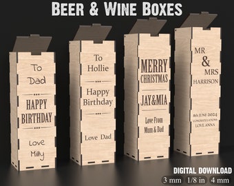 Beer & Wine Box Svg Laser Cutting Files Wine Bottle Holder, Beer Box and Custom Wine Box - Wine Bottle Box Glowforge XTool Laser Files #070