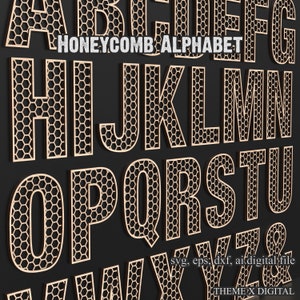 Archivos de corte por láser en formato SVG de letras del alfabeto en forma de panal, fuente SVG de panal de abeja de la A a la Z, fuente SVG de letras para Glowforge, Lightburn, XTool n.° 026