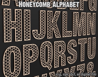 Archivos de corte por láser en formato SVG de letras del alfabeto en forma de panal, fuente SVG de panal de abeja de la A a la Z, fuente SVG de letras para Glowforge, Lightburn, XTool n.° 026