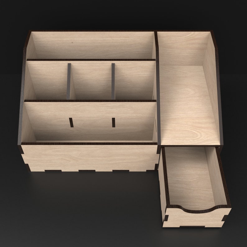 Laser Cut Wooden Desk Organizer With Drawer Unit made from our Svg Laser Cutting Files Digital Download.