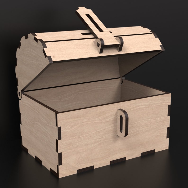 Wooden Treasure Chest Money Box for Kids crafted from our laser cutting SVG files – available as digital download.