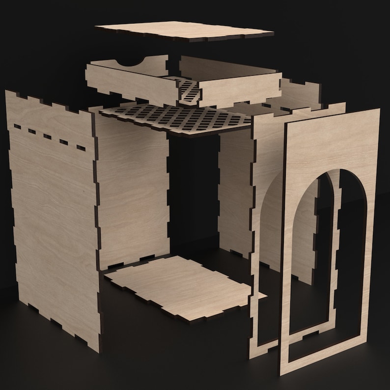 An Exploded View Of Our Wooden Book Nook Kits with secret compartments made from our svg laser cutting files digital download.