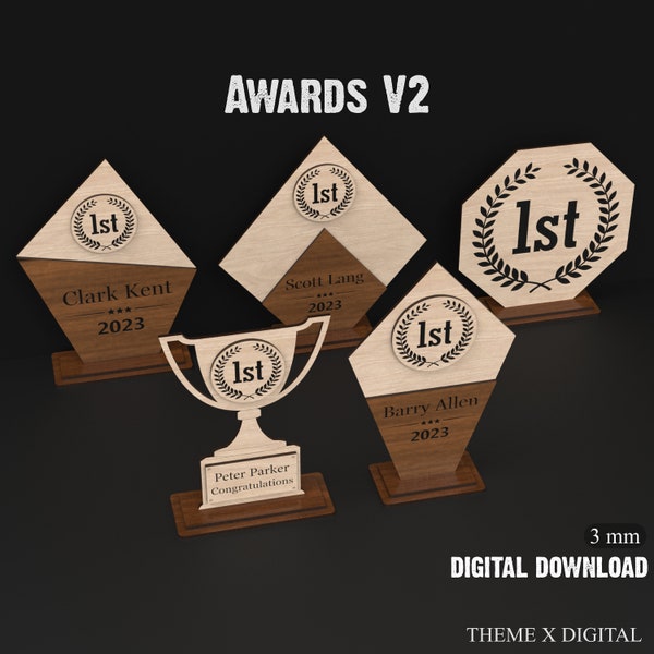 5 fichiers de découpe laser Svg Award Trophy V2 - Acrylique et fichiers Svg Award en bois - Fichiers vectoriels en bois découpés au laser pour Glowforge Lightburn #086