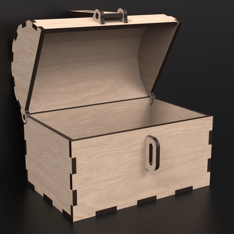 Build a charming Kids Wooden Treasure Chest Money Box with our SVG Laser Cut Files digital downloadable design.