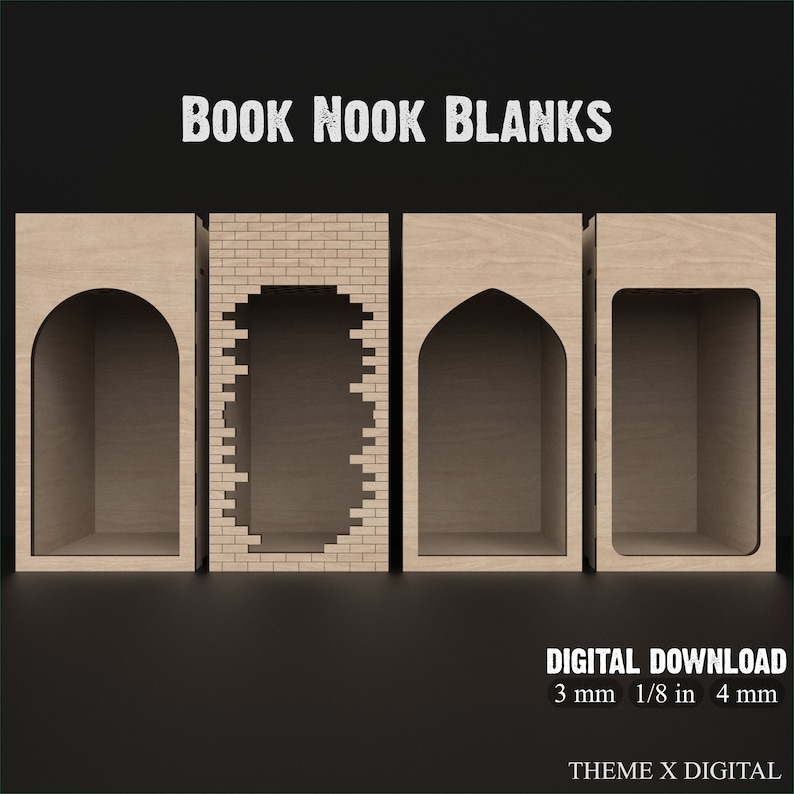 4 Book Nook Kits made from our svg laser cutting files digital download.