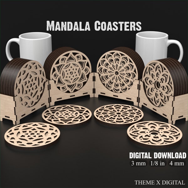 Mandala Coaster SVG Archivos de corte láser con caja de almacenamiento - Diseño versátil de Mandala para posavasos y arte de pared - Archivos vectoriales láser #125