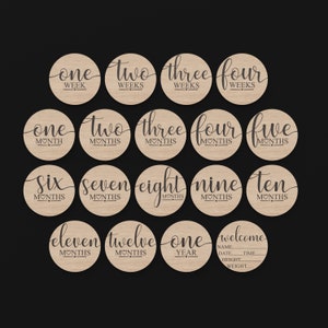 18 Baby Milestone Discs made from our Svg Laser Cutting Files Digital Download.