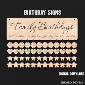 Familie verjaardag Board Svg lasersnijden bestanden - familie kalender Svg voor verjaardagen - 2024 muur kalender Glowforge XTool Lightburn etc #074