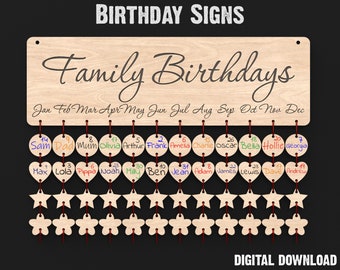 Family Birthday Board Svg Laser Cutting Files - Family Calendar Svg For Birthdays - 2024 Wall Calendar Glowforge XTool Lightburn etc #074