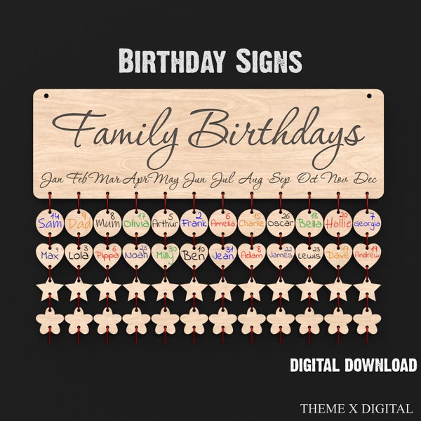 Family Birthday Board Svg Laser Cutting Files - Family Calendar Svg For Birthdays - 2024 Wall Calendar Glowforge XTool Lightburn etc #074