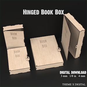 Caixa de livro articulada Svg Arquivos de corte a laser - Caixa de livro de madeira Arquivos Svg de armazenamento para Glowforge XTool Lightburn etc Stash Box - Caixa de memória #110