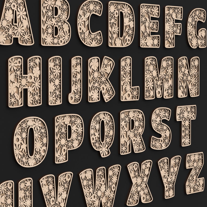 A - Z Alphabet Of Our Floral 3D Wooden Letters made from our Svg laser cutting files digital download.