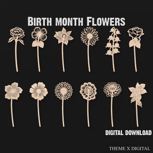 12 geboortemaand bloem Svg lasergesneden bestanden - 12 houten geboortemaand bloemen lasersnijden bestanden - 3D bloembestanden voor Glowforge Lightburn #095