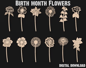 12 archivos de corte láser de flores del mes de nacimiento - 12 archivos de corte láser de flores del mes de nacimiento de madera - Archivos de flores 3D para Glowforge Lightburn #095